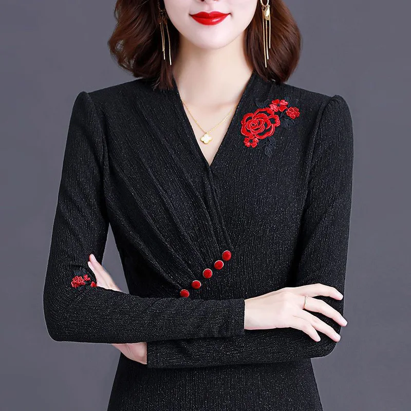 Autumn Winter Vintage Embroidery Flower Ruched Elegant Office Ladies Plush Basic Tops Women Black Sexy Long Sleeve Slim T-shirts