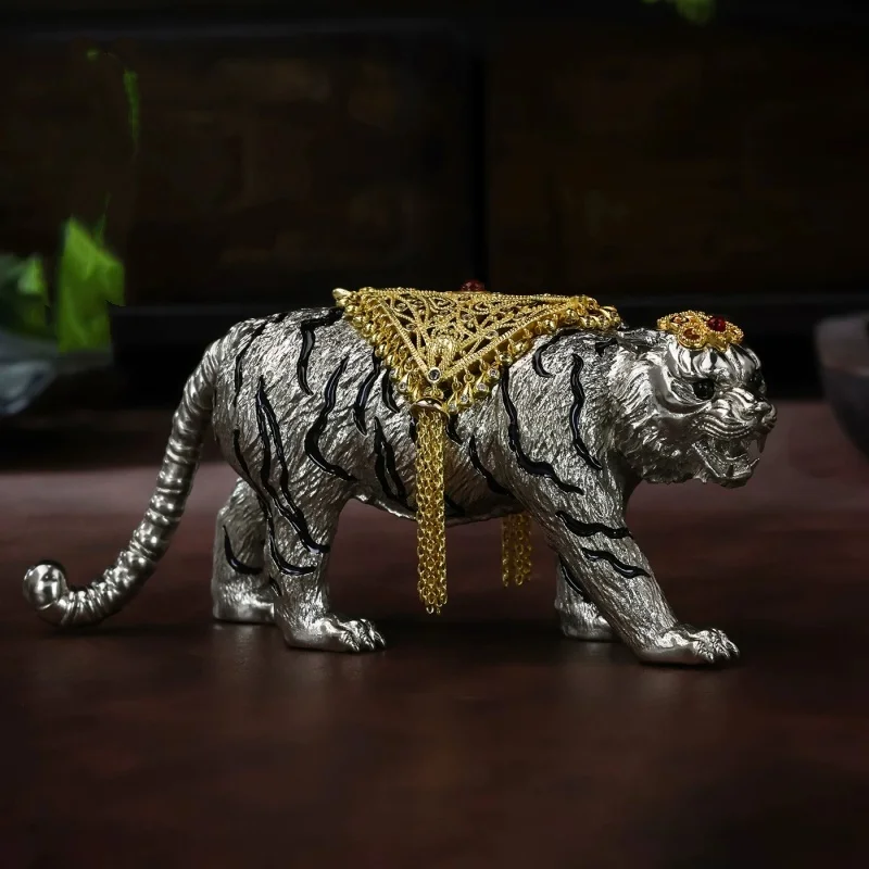 White Copper Tiger Statue Golden Filigree Saddle Feng Shui Animal Figurine Desktop Ornament Home Tabletop Collectible Craft Gift