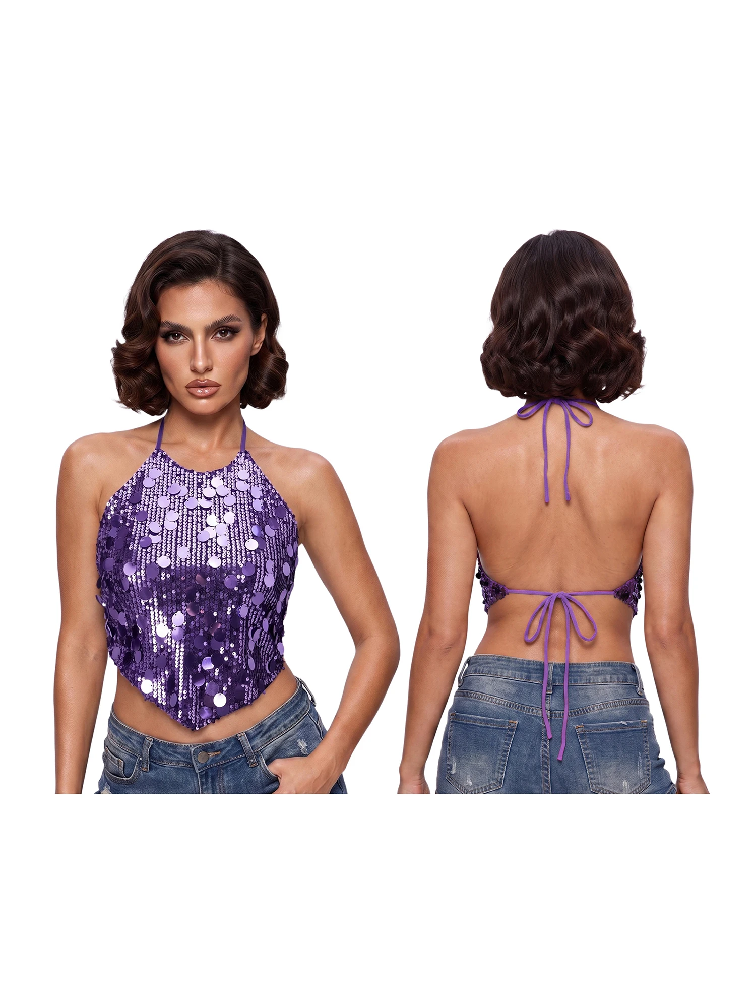 Damen Einfarbige Pailletten-Neckholder-Tops Sommer Rückenfreie Glitzernde Crop-Weste – Detail 8