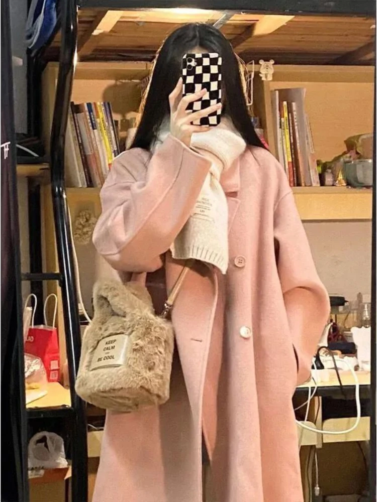 

Long Style Blends Women Korean Style Fashion Double Breasted All-match Ins Cozy Loose Outwear Causal High Street Harajuku Autumn
