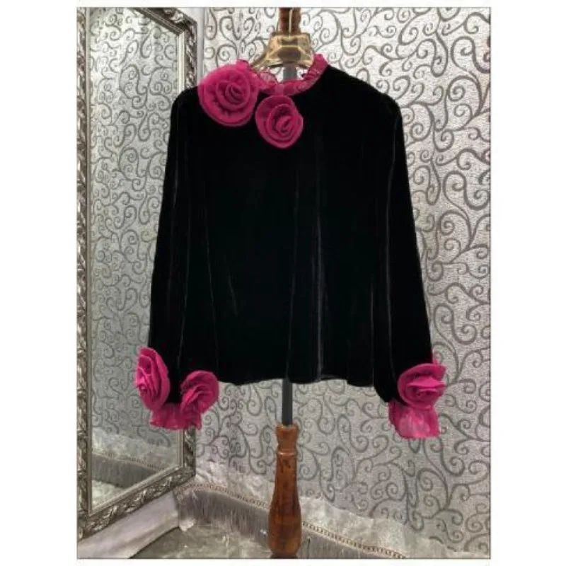 Chinese Style Long Sleeved Gold Velvet Top Blusa Feminina Blouse Women Three-dimensional Flowers Black Shirts Ropa Y2k Femme