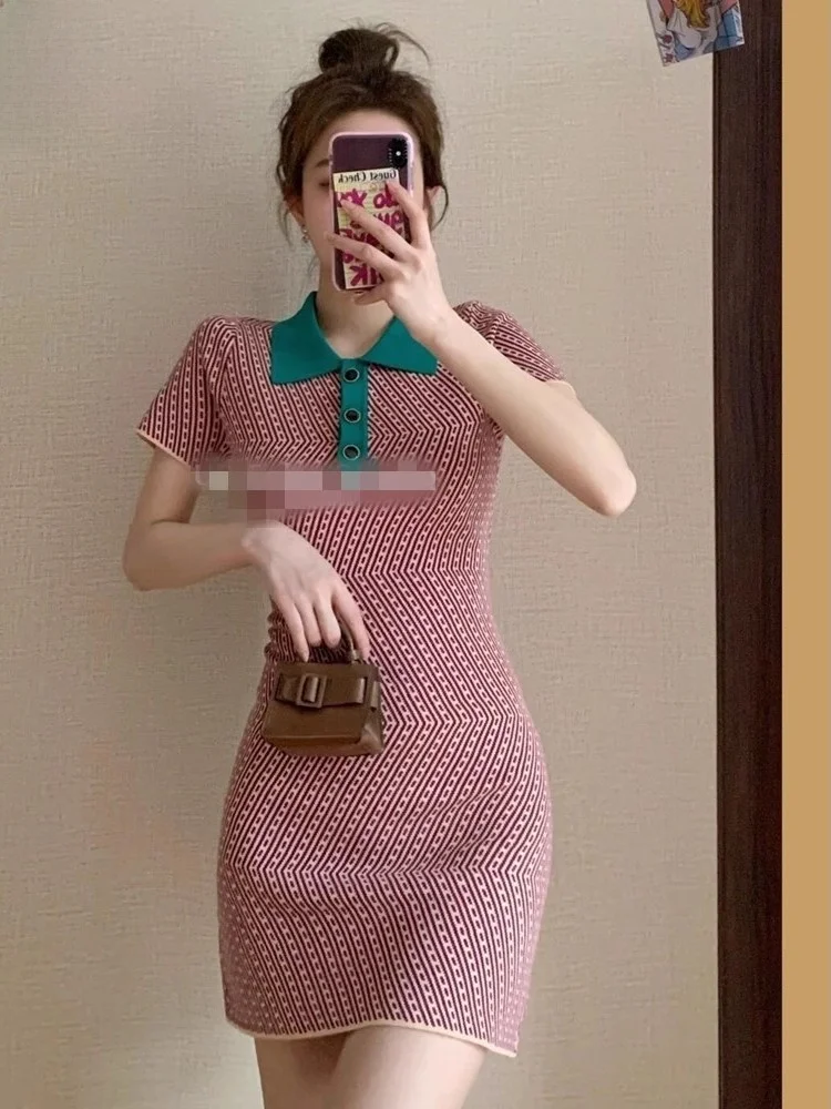 

Retro Collar Wrap Waist Sexy Dr Women's Summer Slim Fit Color Blo Skirt Korean Sle ort Sve Dr