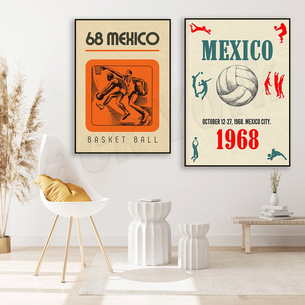 Vintage Mexico Wall Art Sports Poster, Retro Style Print Mexico Travel Poster 1960s Decor, Vintage Basketball Poster