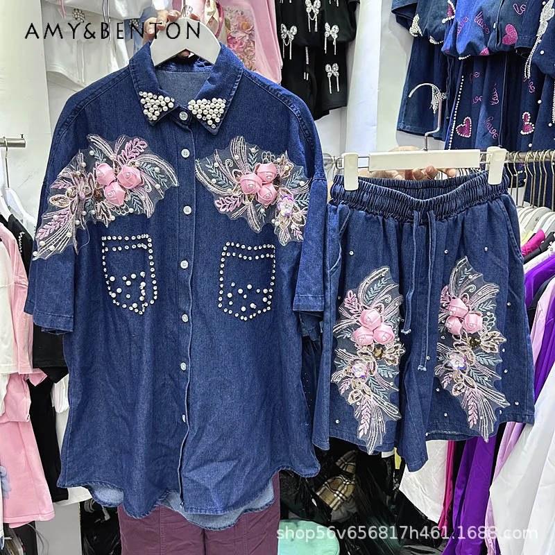 

American Style Heavy Craft Diamond-studded 3d Floral Oversized Short-sleeved Denim Shirt Top + Elastic Waist Wide-leg Shorts Set