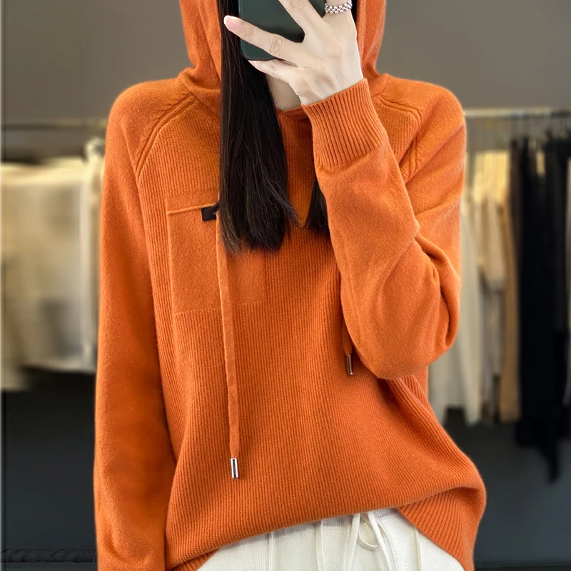 Autumn Winter Cashmere Sweater Women Hooded Collar Knitted Pullover Keep Warm Women Sweater Casual Loose Long Sleeve New tops