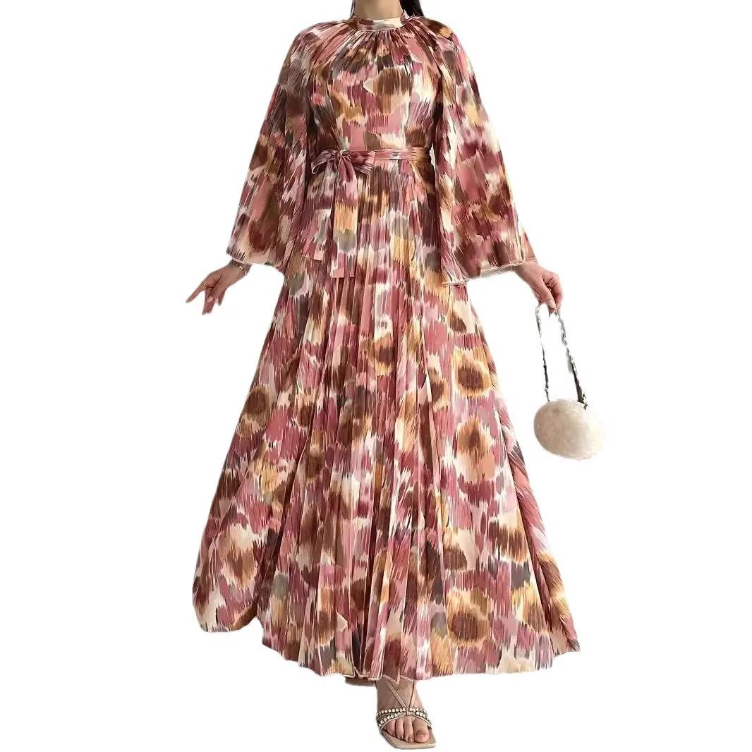 Muçulmano novo floral impressão com cinto longo moda vestido alargamento mangas meia gola modesto vestido de noite vestido Jakarta