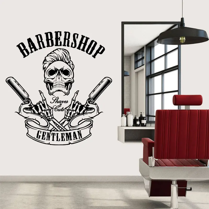

Skull Wall Sticker Barber Shop Icon Men's Hair Salon Service Gentleman Skull Vinyl Sticker Barber Shop Wall Decoration lf22