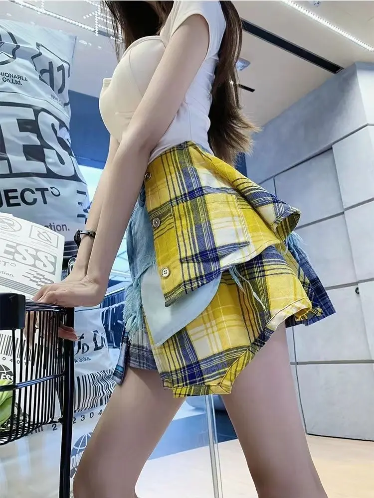 European And American Spice Girls High Waist Skirt 2024 Summer New Women Denim Skirts Colored Plaid Patchwork Irregular Clothing