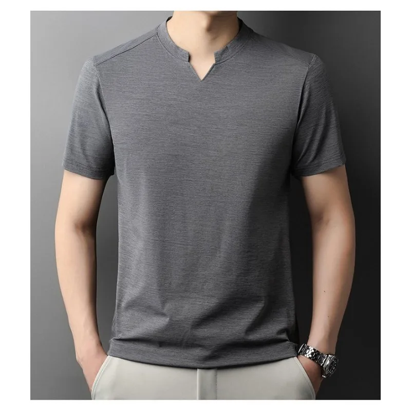 Men Solid Color Notch V Neck Short Sleeve T Shirt Summer Breathable Loose Basic Casual Thin Top S 5XL
