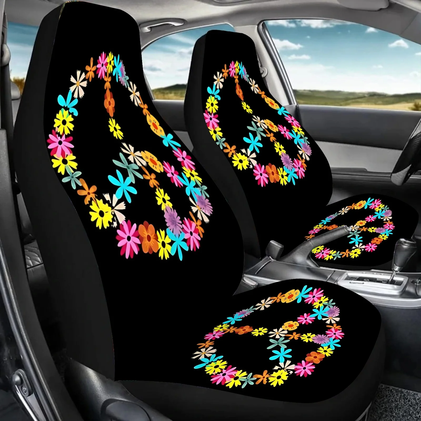 2pcs Floral Peace Sign Print Car Seat Covers For Women And Men, Universal Auto Front Seats Protector Fits For Car, SUV Sedan, Tr