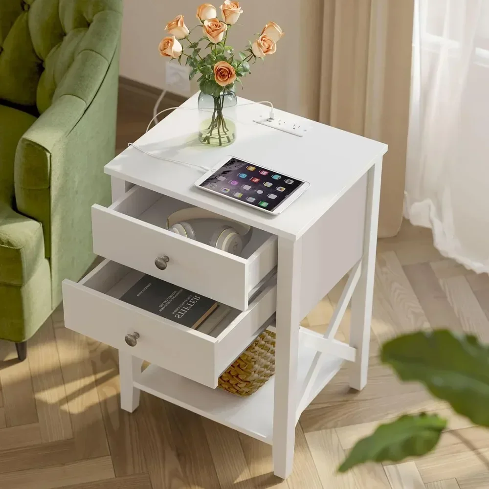 Bedside Table with Charging Station, Bedside Table with 2 Drawers, 2 AC and USB Power Sockets, Accent Bedside Table