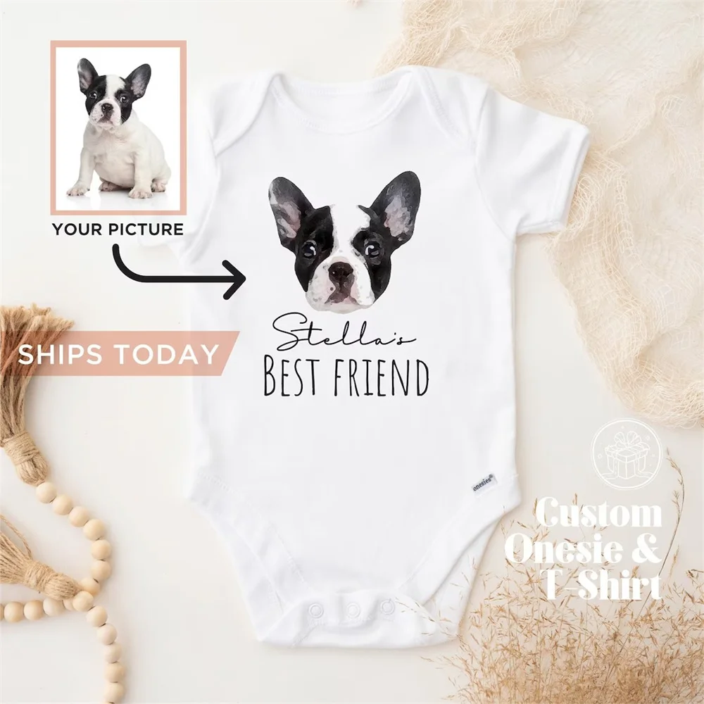 Custom Baby Bodysuit with Pet Portrait, Newborn Announcement, Dog-Themed Baby Shower Gift, My New Best Friend Sibling Bodysuit