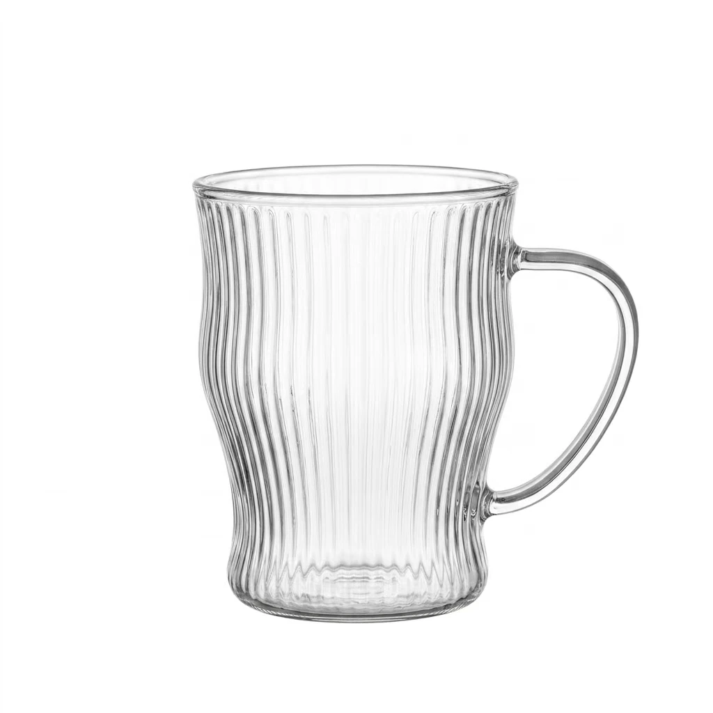 Heat Resistant Glass Coffee Mug with Handle - Vintage Ribbed Design Tea Cup for Home & Office, Durable Borosilicate Water Glass