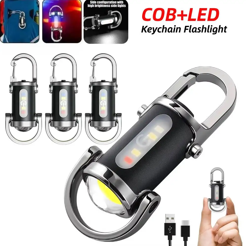 Powerful Mini COB LED Keychain Flashlight USB-C Rechargeable Hanging Work Light Waterproof Keyring Camping Walking Pocket Lamp