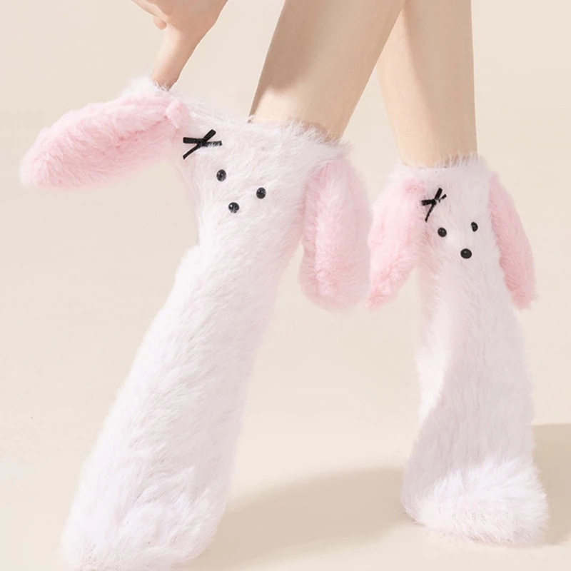 Women Cartoon 3D Dog Ears Fuzzy Plush Socks Winter Warm Thicken Soft Fleece Sleep Socks Thermal Floor Slipper Socks M6CD