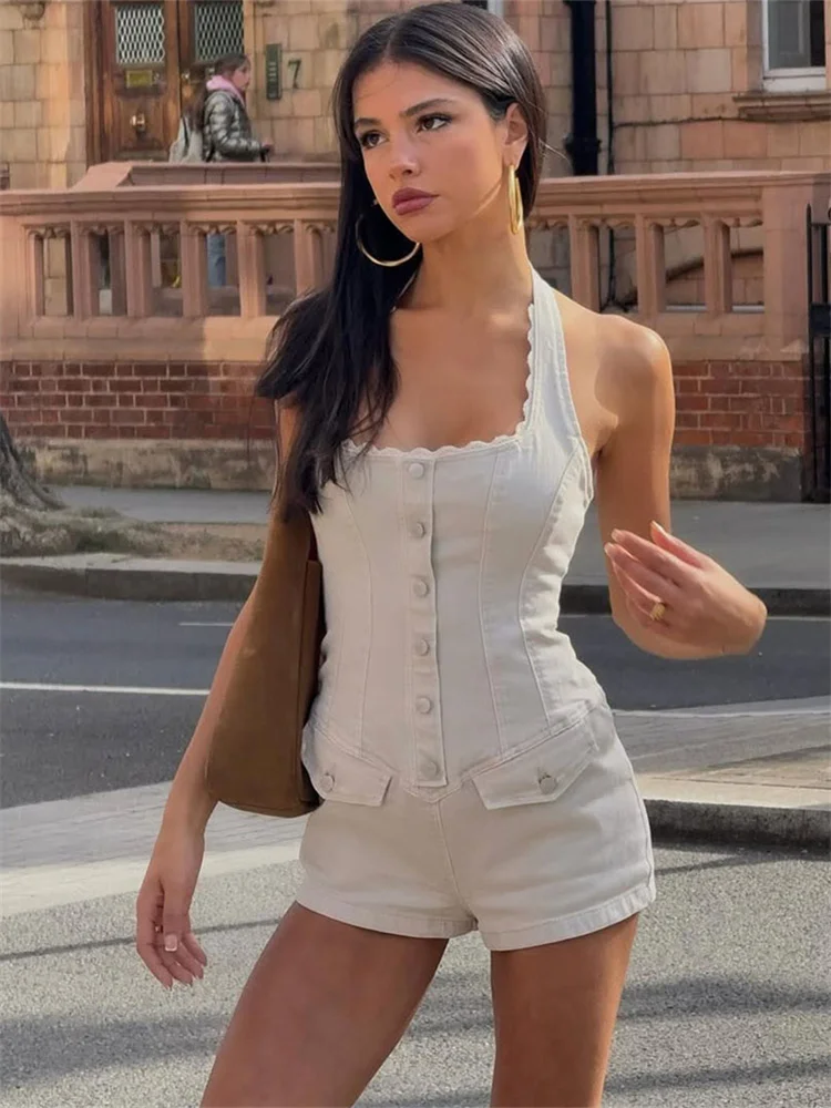 

Cutenew Classic Single Breasted Women Playsuits Simple Solid Halter U-neck Skinny Rompers Mujer Fashion Streetwear New One Piece