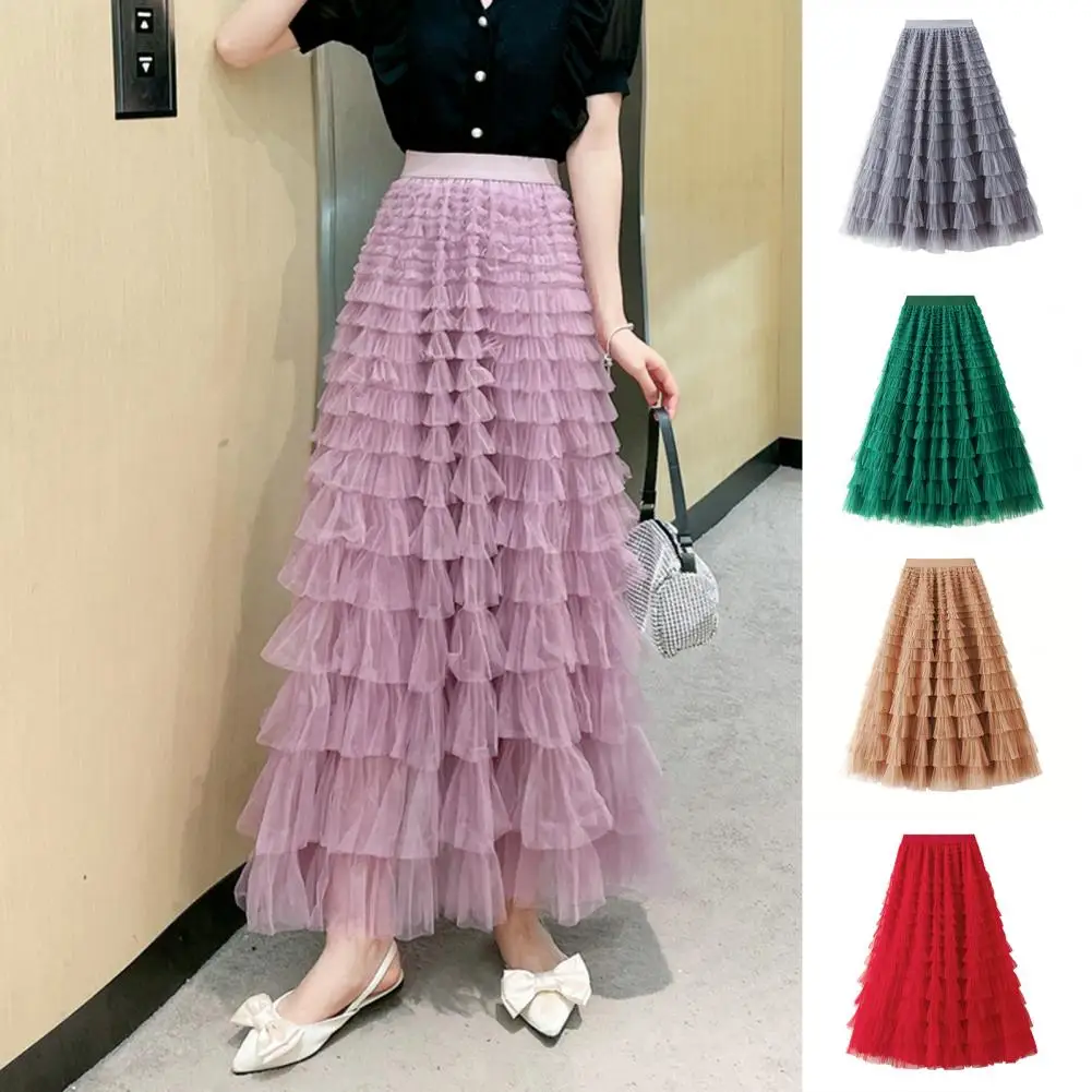 

Elegant Women High Waist A-line Skirt Pleated Long Skirt Elastic Waist Solid Color Scattered Hem Pleated Patchwork Maxi Skirt