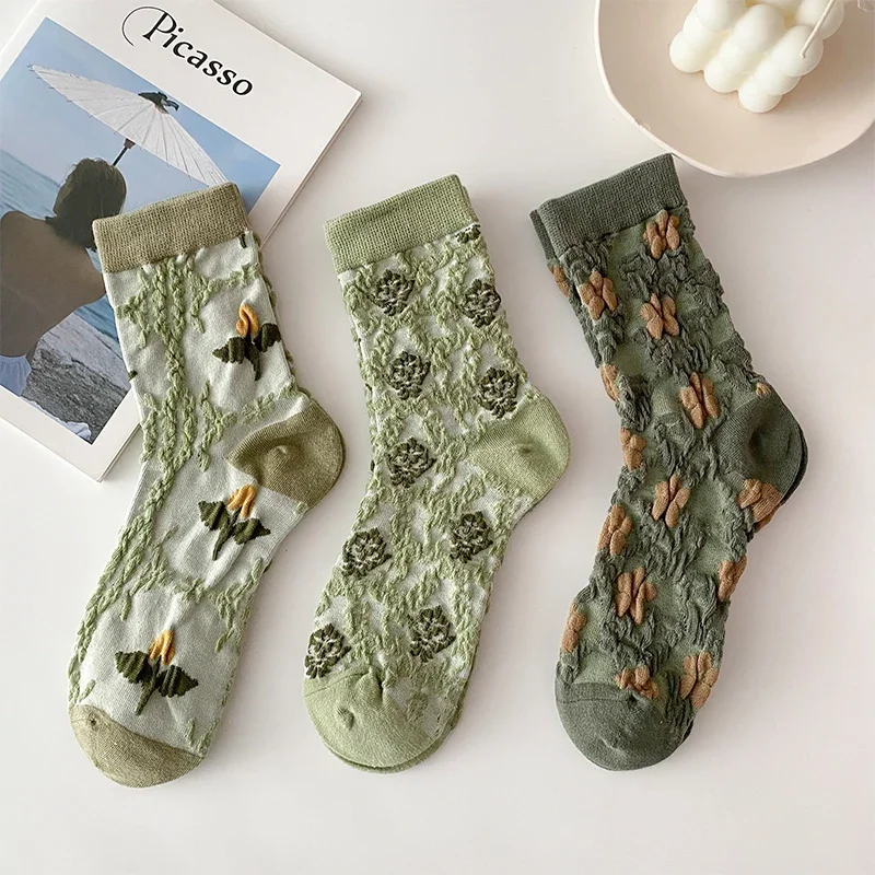 4 Double Green floral socks women's media tube socks ins tide autumn Korean Japanese retro pattern stockings women