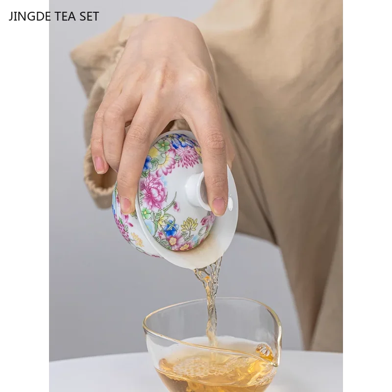 1PCS 90ML Dehua suet jade ceramic gaiwan hand-painted enamel color three cups covered bowl ceramic beauty tea infuser