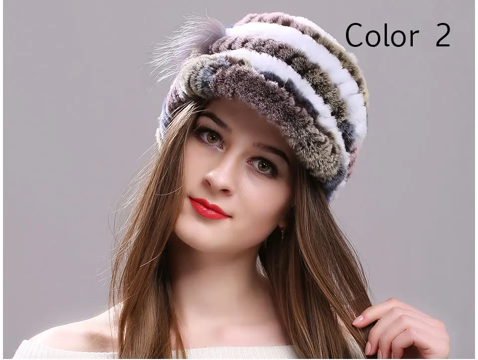 Winter Pelz Hüte für Frauen Rex Kaninchen Fell Elastische Gestrickte Hut mit Blume Pelz Hut Großhandel Baseball Kappe Weibliche Echtpelz Bonnets – Detail 8