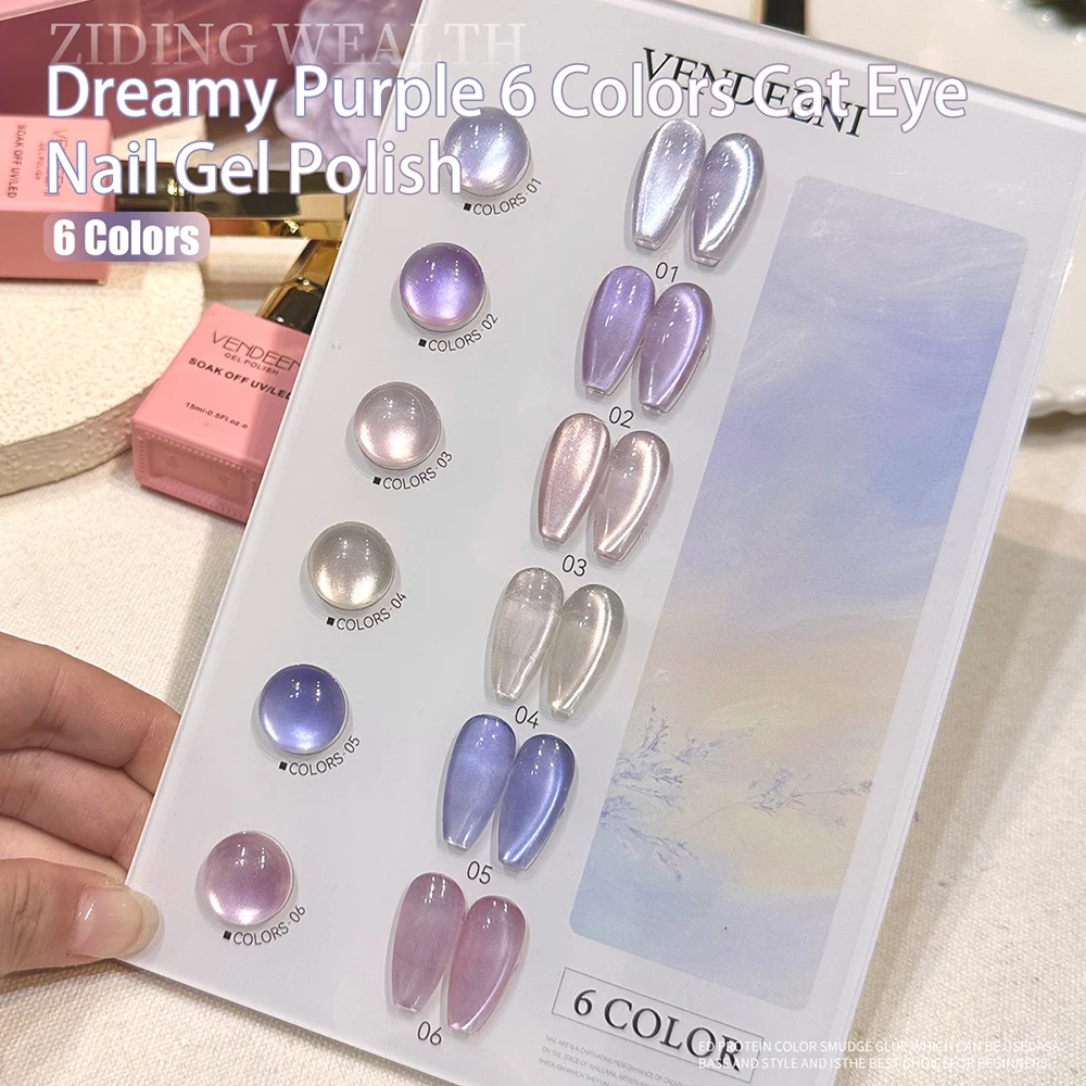 Vendeeni 6-Farben-Kristall-Katzenaugen-Gel-Nagellack-Set, semi-permanent, funkelnd, magnetisch, UV-LED, Soak Off Gel-Lack mit Display
