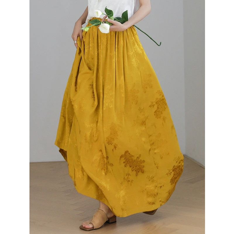 National Style 2025 New Arrival Summer Women Casual Loose High Waist A-line Ankle-length Skirt Good Quality Jacquard Skirts T113