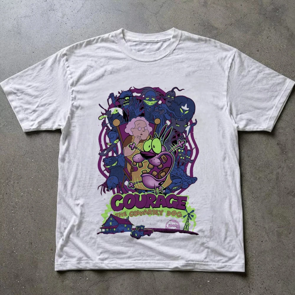 Vintage Courage the Cowardly Dog Cartoon Print Short Sleeve T-Shirt Retro Unisex Graphic Tee 90s Nostalgia Summer Streetwear Top