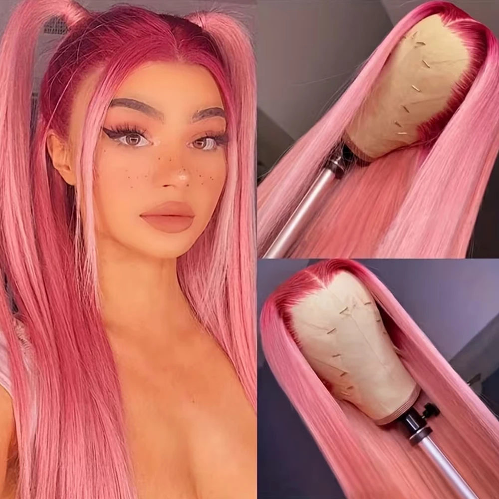 

Синтетический парик 13x6 с свободной линией роста волос, длинные прямые волосы, красный омбре, персиково-розовый цвет, без клея, с кружевной передней частью, предварительно снятая линия роста волос, естественная линия роста волос