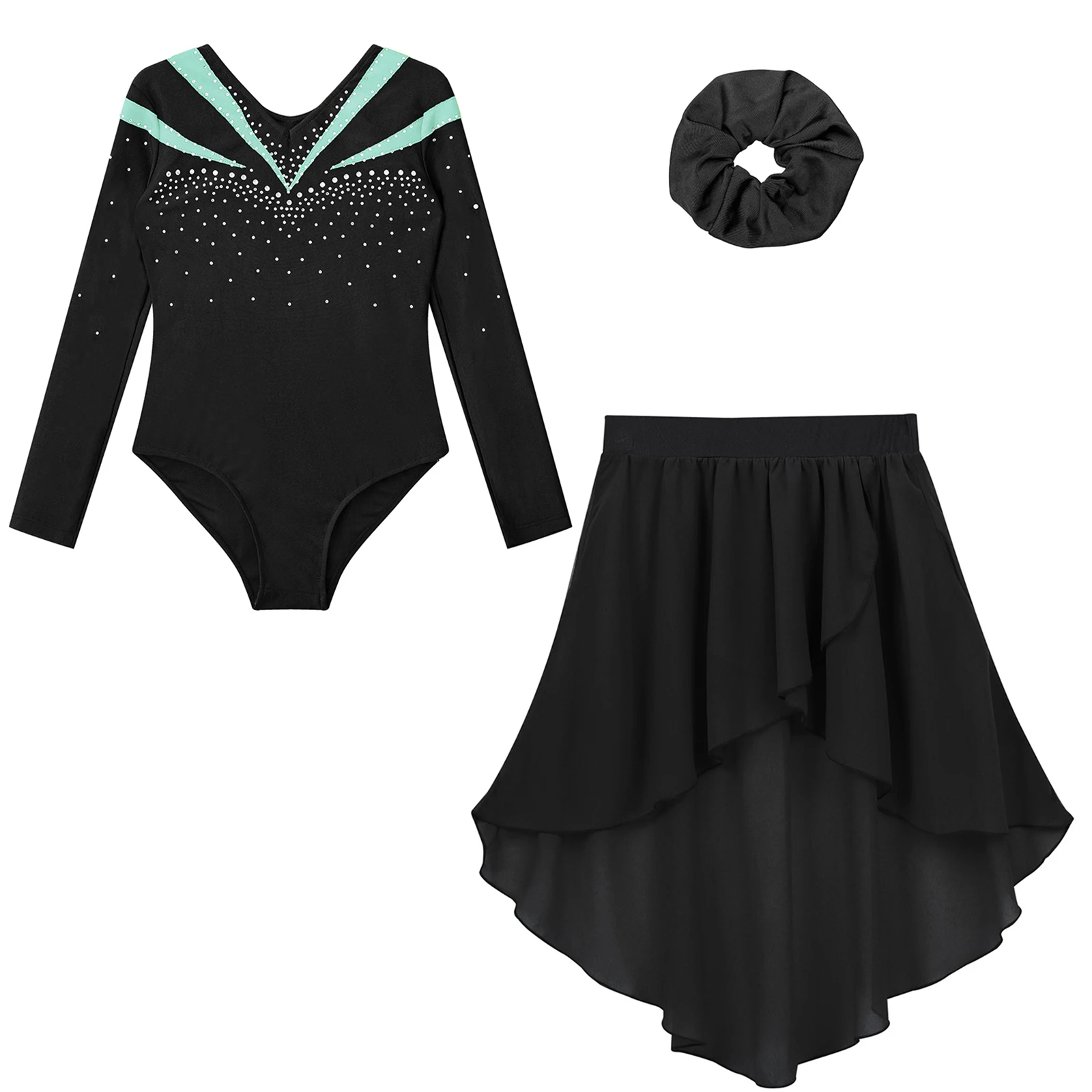 أطفال بنات غنائية الحديثة ملابس رقص الشكل التزلج الجمباز الزي في سن المراهقة أكمام حجر الراين المحاصيل القمم والتنانير الشيفون