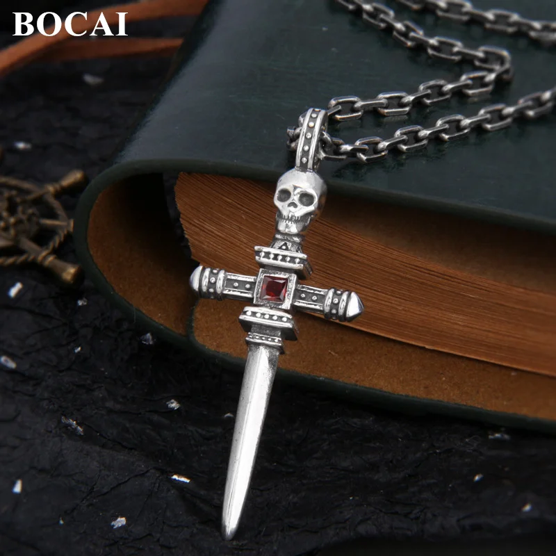 

BOCAI S925 Sterling Silver Charms Pendants for Women Men Retro Skull-head Knight Sword Cross Charm Amulet Punk Jewelry Wholesale