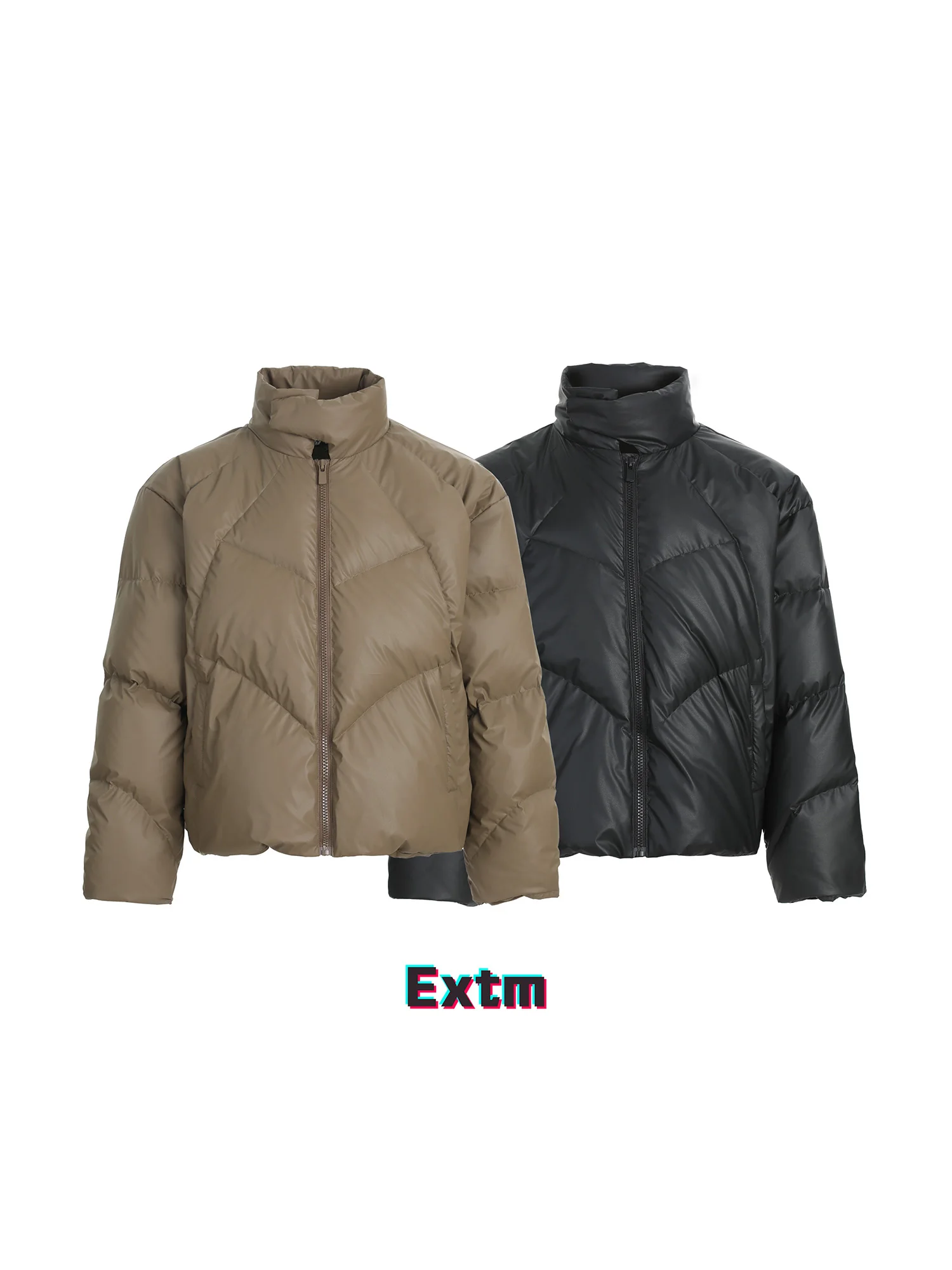 

Unisex Loose Fit Short PU Leather down Jacket Stand Collar Duck Feather Warm Winter Coat Zipper Closure Thickened Polyester