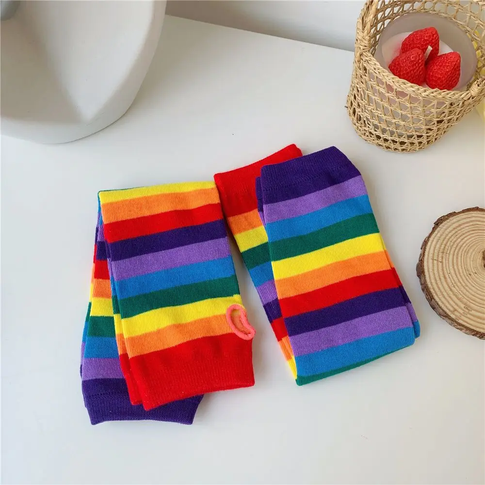 Women Winter Elbow Length Fingerless Arm Sleeve Warmer Rainbow Colored Striped Knitted Sunscreen Girl Halloween Costume Gloves