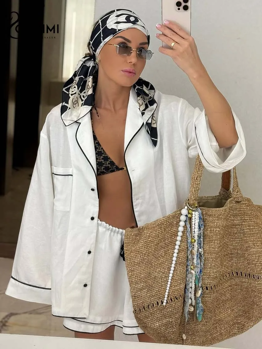 

Oymimi Fashion White Loose 2 Piece Sets Woman Outfit Elegant Long Sleeve Pockets Button Shirts + Patchwork Drawstring Shorts Set