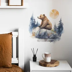 Cartoon watercolor Dream Forest Brown bear children's bedroom home background decorative wall stickers
