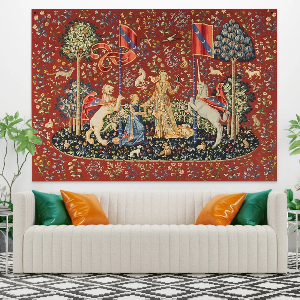 Medieval Lady And The Unicorn Tapestry Wall Hanging Multifunction Home Decor Background Decor Bedspread Blanket Mat Covering