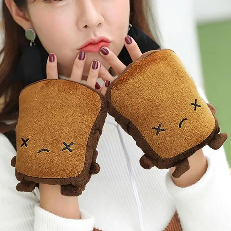 Autumn Winter Gloves Cute Cartoon Panda Toast Shape Gloves USB Warmer Heated Fingerless Hand Warmers New Year Gift