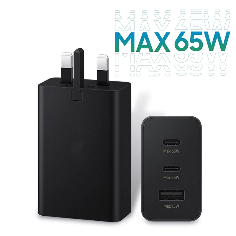 

PD65W Super Fast Charger Samsung S24 S23 S22 S21 Note 20 Ultra iPhone 15 iPad Plus Quick Charging 3 Ports PD USB-C Power Adapter