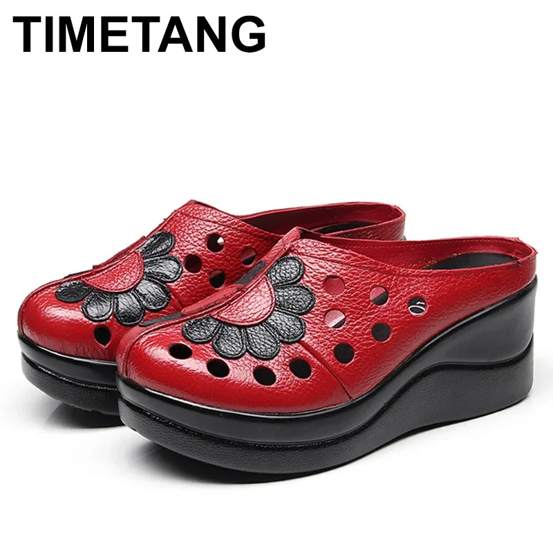 TIMETANG New Ethnic Style Genuine Leather Women Shoes Sandals Platform wedges Slides Handmade Flower Women Summer  SlipperE829