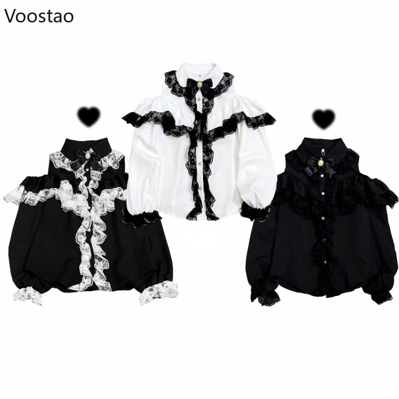 

Y2k Lolita Style Blouses Women Fashion Kawaii Lace Mesh Ruffles Bowknot Off Shoulder Long Sleeve Shirt Gothic Girls Vintage Tops