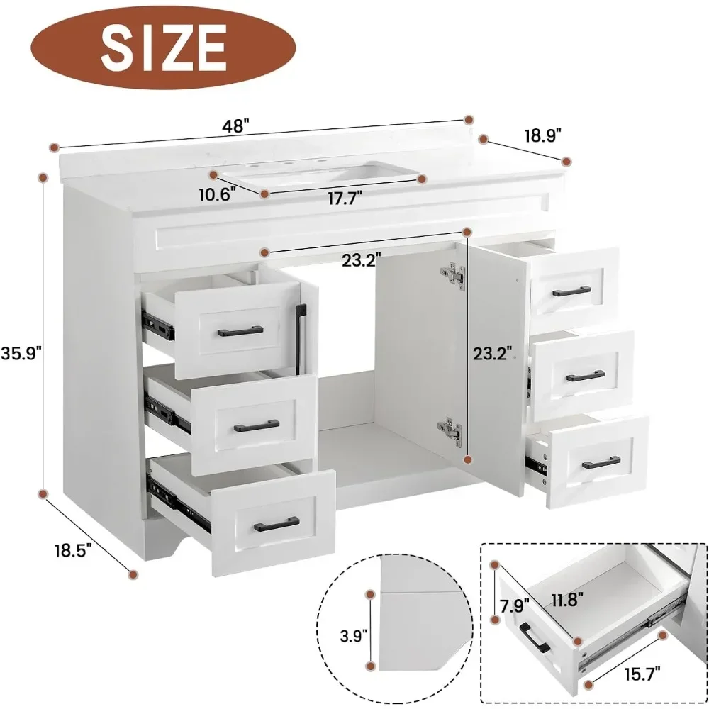 Luxurious Bathroom Vanity with White Stone Countertop and rectangle Sink and Back Splash,2 Soft Closing Doors