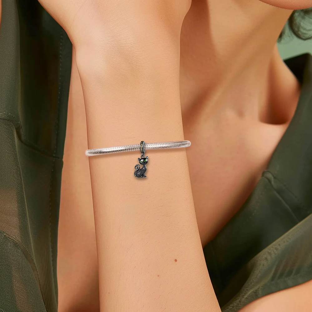 Ahthen 925 Sterling Silver Beads Mischievous Black Cat Dangle Charm fit Snake Chain Bracelets Necklaces for Women Jewelry Making