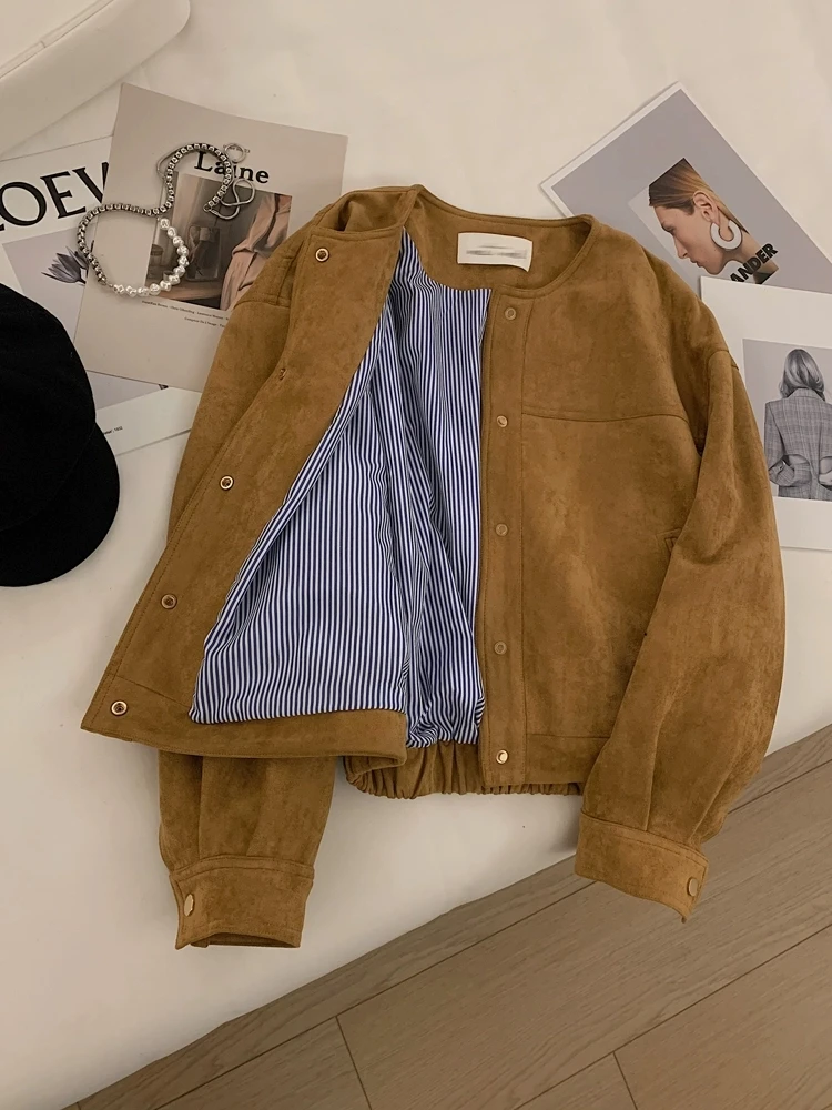 Sli ort Pelle scamosciata Jaet Donna Coreana Faion Cact Taglia Baseball orm Top Autunno Nuovo Sle Versatile Pendolarismo Vento