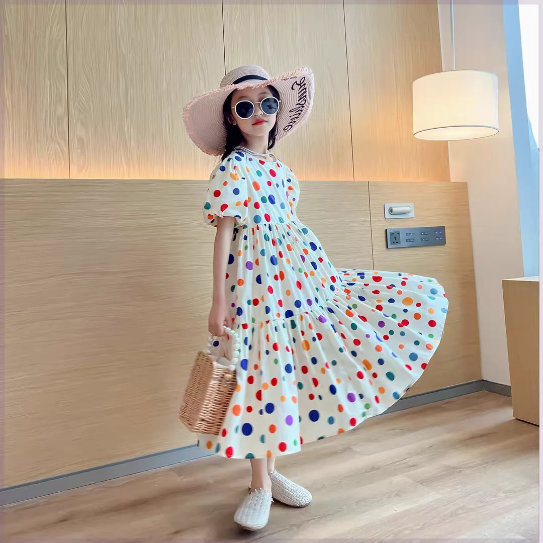 children Polka Dot Print Round neck  Dress, Elegant puff sleeve Dress Belted Dress For Summer girls A-line dress kid Clothing