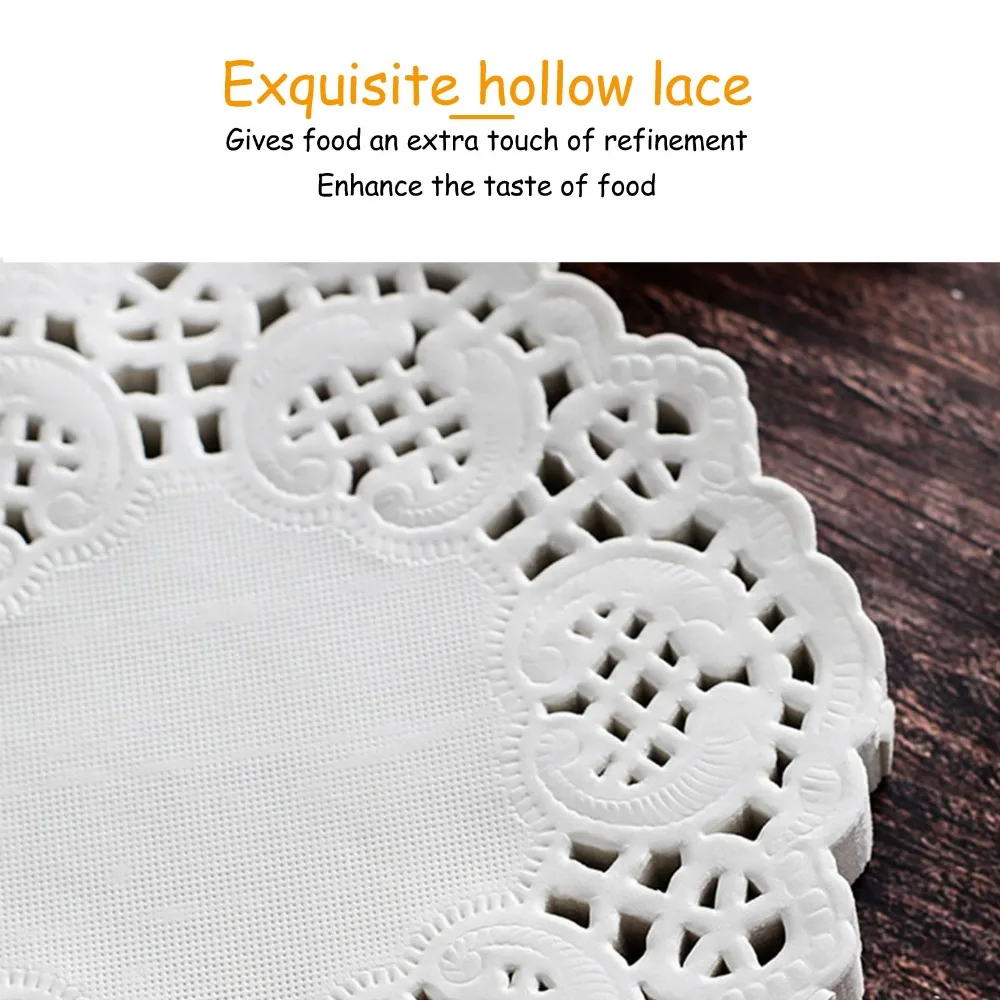 150 PCS Food Grade Wood Pulp Lace Paper Doilies Round Shape White Baking Liners Hollow Design Decorative Oil Absorbing Paper