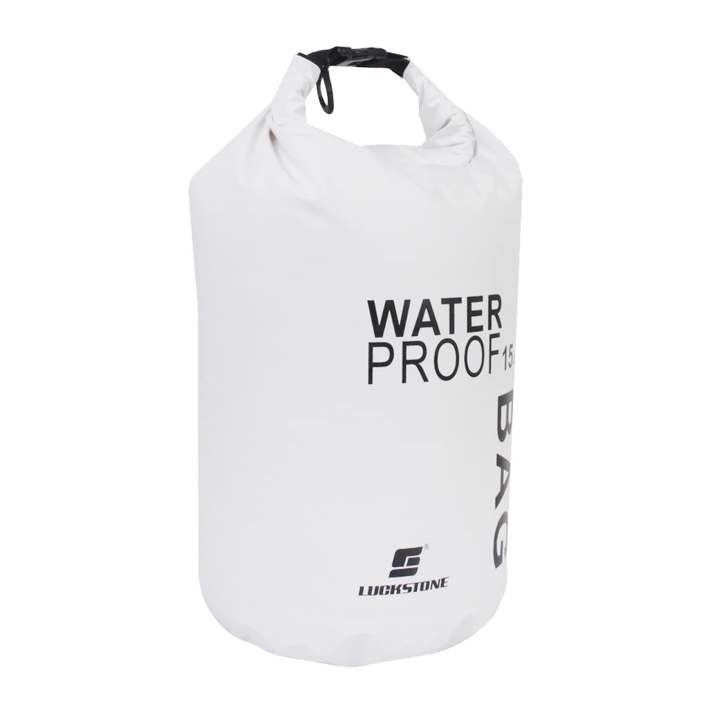 防水ドライバッグ-15l-pvc-ホワイト-ロールトップ-ドライポケット-収納容器-キャンプ-カヤック-ボート用