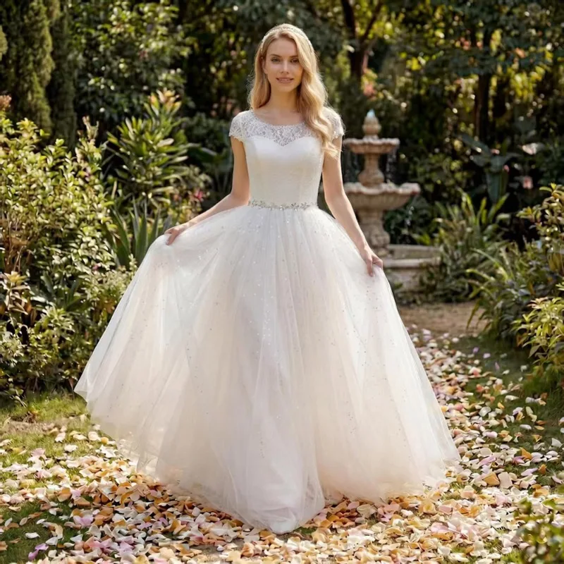 Cap Sleeve Lace Wedding Dress Women Illusion Neck Sparkly Tulle Ball Gown Floor Length Princess Bridal Dress Vestidos De Novia