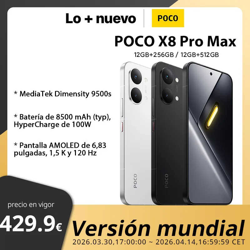 Versión Global POCO X8 Pro Max, Teléfono Inteligente con Dimensity 9500s, 8500mAh (típ.), HyperCharge de 100W, Pantalla de 6.83 Pulgadas 1.5K 120Hz, IP68, Teléfono Móvil POCO