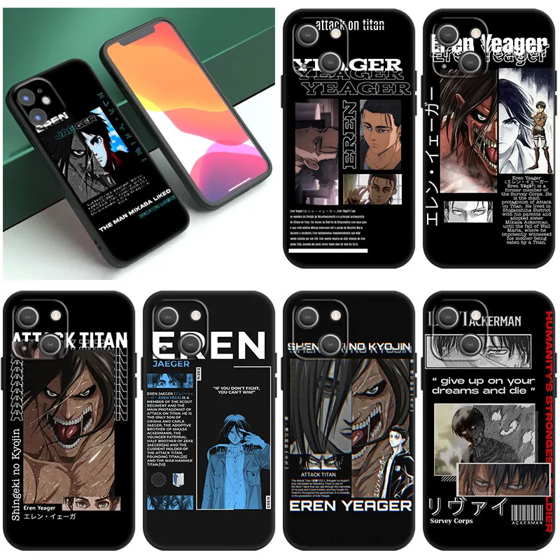 Eren Yeager Black Phone Case For Apple iPhone 14 12 13 Mini 11 Pro XR X XS MAX 6S 7 8 Plus 5S SE 2020 2022 Silicone Cover