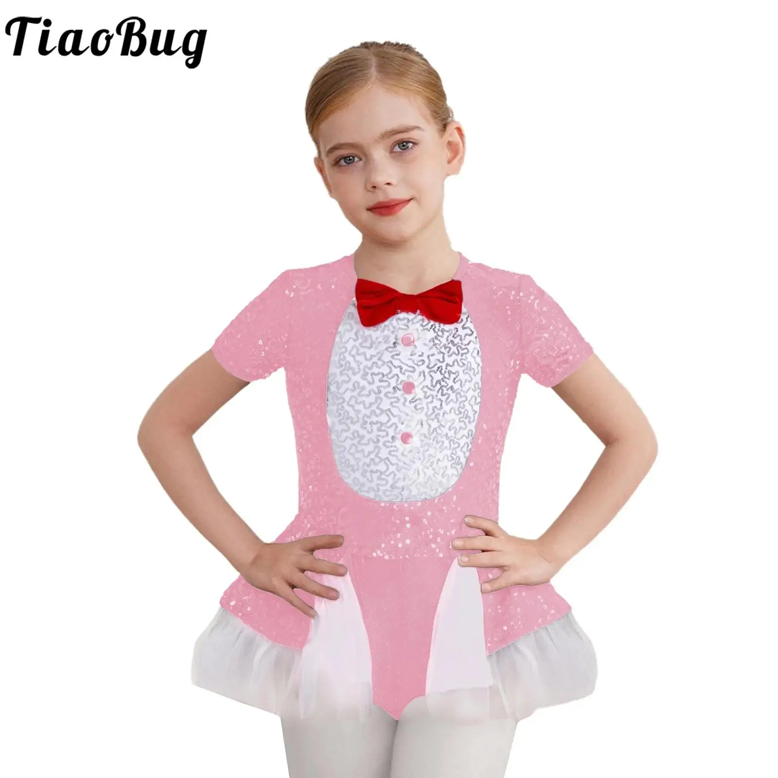 

Kids Girls Sequins Beauty Tutu Dress Penguin Costume Princess Bow Tie Skirt with Built-In Shorts for Modern Birthday Dance Dress