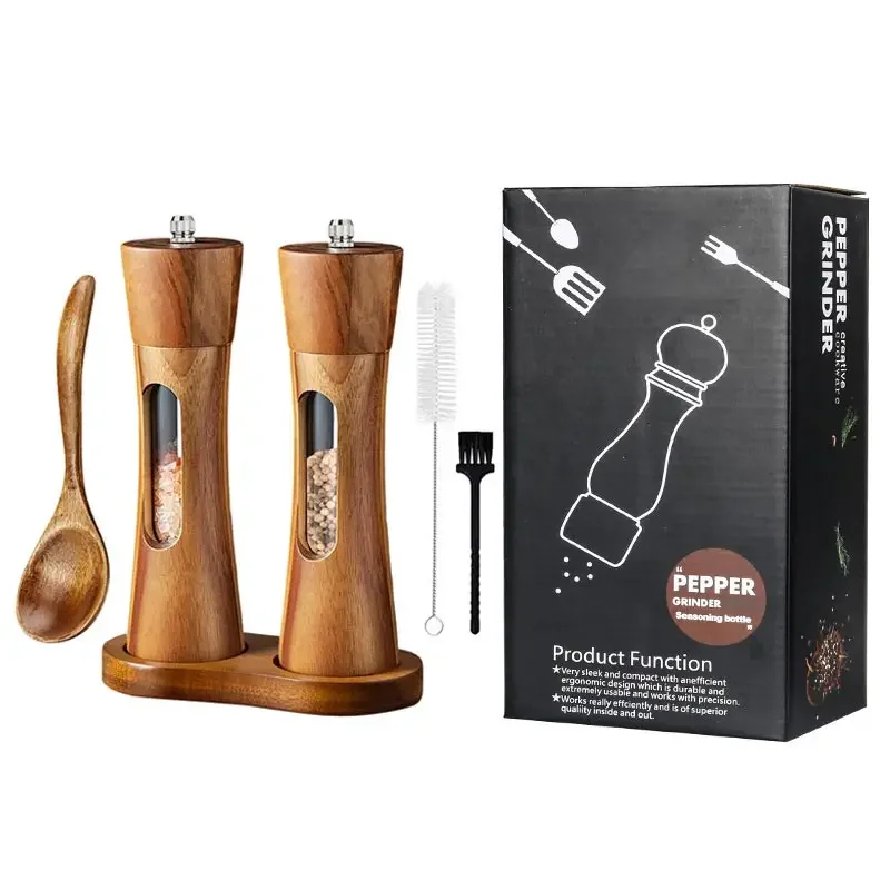 

8inch Pagoda Acrylic Pepper Mill Sets With Base,Manual Wooden Salt and Pepper Grinder With Ceramic Core Spice Shaker Tools Sets
